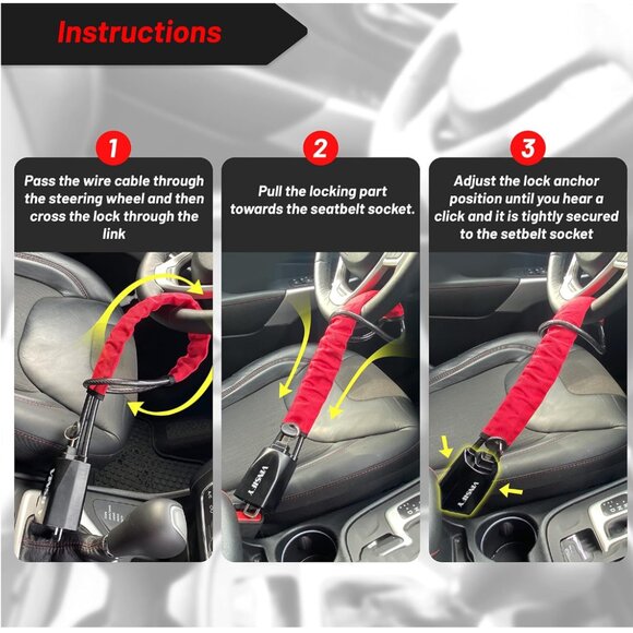 Vinsify Anti-Theft Steering Wheel Lock - Red, Lightweight, Easy to Handle - Picture 4 of 8